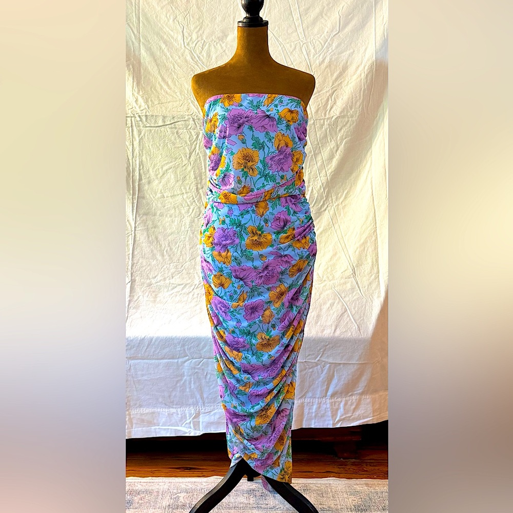 Veronica Beard Blue and Pink Ruched Strapless Sheath Dress